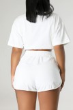 White Casual Solid Frenulum O Neck Short Sleeve Two Pieces