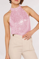 Pink Casual Patchwork Hollowed Out Sequins Half A Turtleneck Tops