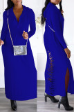 Blue Casual Solid Slit Hooded Collar Long Sleeve Dresses