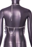 Серебряные сексуальные лоскутные топы с открытой спиной и бретельками на бретельках с прозрачными цепочками