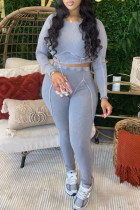 Grey Casual Solid Patchwork O Neck Long Sleeve Two Pieces Crop Tops And Pants Sets