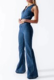 Blue Casual Solid Backless Zipper Collar Sleeveless Skinny Denim Jumpsuits