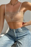 Rose rouge Sexy Patchwork transparent dos nu strass Spaghetti sangle hauts