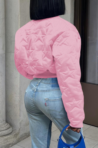 Ropa de abrigo casual botones de patchwork liso cremallera cuello mandarín rosa