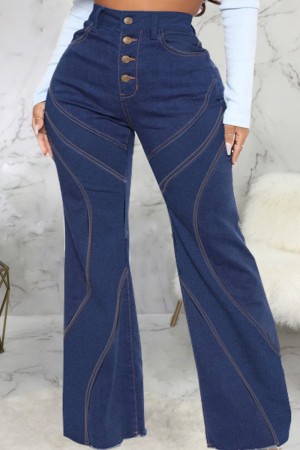 Dark Blue Casual Solid Patchwork Buttons High Waist Wide Leg Denim Jeans