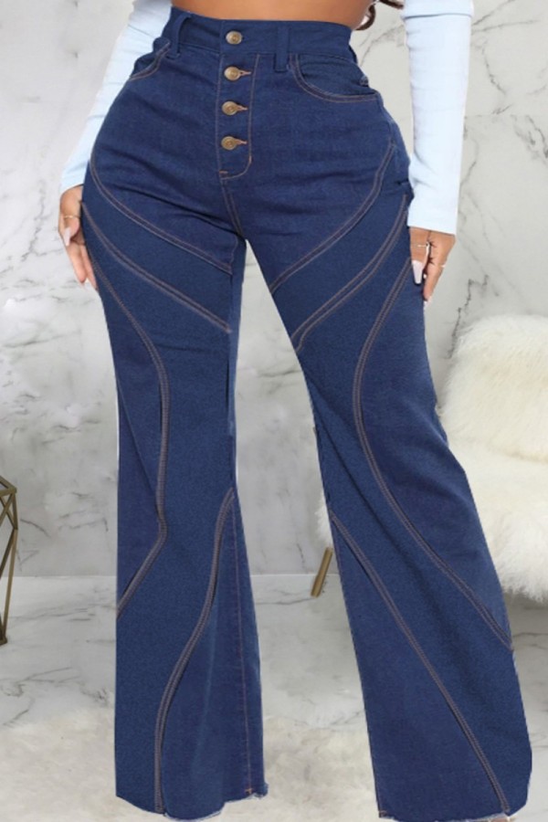 Dunkelblaue, lässige, solide Patchwork-Jeans mit Knöpfen, hoher Taille und Röhrenjeans