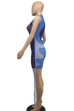 Синие сексуальные платья с принтом в стиле пэчворк и завязками, сетчатые контрастные платья-футляры с круглым вырезом