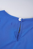 Blaue, lässige, elegante, solide Patchwork-Falte mit Gürtel, O-Ausschnitt, gerade Kleider (enthalten den Gürtel)