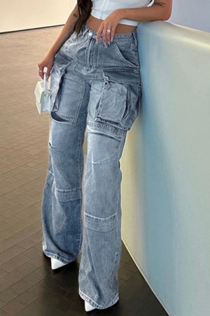 Blue Casual Solid Patchwork High Waist Regular Cargo Denim Jeans