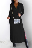 バーガンディ カジュアル ソリッド スリット フード付き襟 長袖 ドレス