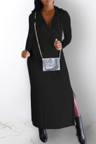 ブラック カジュアル ソリッド スリット フード付きカラー ロング スリーブ ドレス