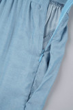 Light Blue Elegant Solid Patchwork Pocket Loose Mid Waist Solid Color Bottoms