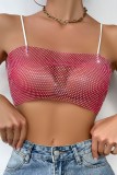 Top con cinturino per spaghetti con strass trasparenti trasparenti patchwork rosa rosso sexy