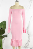 Roze zoete effen patchwork off-shoulder jurken