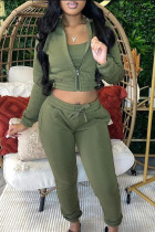Verde militar casual sólido patchwork cordão bolso zíper gola com capuz manga comprida duas peças