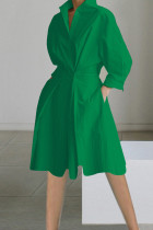 Grüne, elegant bedruckte Patchwork-Knöpfe, A-Linien-Kleider mit Umlegekragen