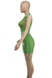 Светло-зеленые сексуальные платья-футляры с принтом в стиле пэчворк и завязками из сетки с контрастным вырезом и круглым вырезом
