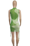 Verde claro sexy estampa patchwork draw string malha contraste o pescoço vestidos bainha