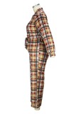 Earth Yellow Casual Plaid Print Patchwork Turndown Collar Plus Size Jumpsuits