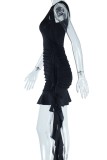Zwarte sexy casual effen rugloze vouw O-hals mouwloze jurk-jurken