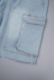 Light Blue Casual Solid Patchwork Pocket Buttons Zipper High Waist Straight Baggy Jeans Shorts Cargo Denim Shorts(No Belt)