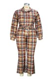 Earth Yellow Casual Plaid Print Patchwork Turndown Collar Plus Size Jumpsuits