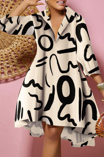 Apricot Casual Print Patchwork V Neck Printed Dress Plus Size Dresses