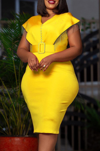 黄色のエレガントな固体タッセル パッチワーク ベルト V ネック ペンシル スカート ドレス