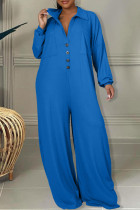 Blue Casual Solid Patchwork Pocket Buckle Turndown Collar Plus Size Jumpsuits