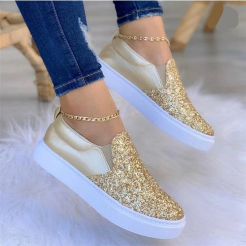 Sapatos baixos confortáveis ​​redondos com retalhos casuais dourados