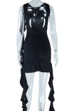 Black Sexy Casual Solid Backless Fold O Neck Sleeveless Dress Dresses