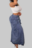 Небесно-голубые уличные однотонные лоскутные карманные пуговицы с высокой застежкой-молнией и прямыми джинсовыми юбками со средней талией