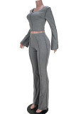 Dark Gray Street Solid Patchwork U Neck Long Sleeve Two Pieces
