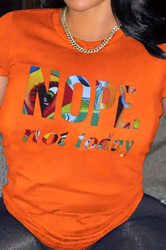 Tangerine Red Casual Street Print Patchwork O Neck T-Shirts