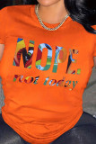 Svart Orange Casual Street Print Patchwork O-hals T-shirts