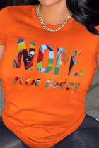 Camisetas con cuello en O de patchwork con estampado de calle casual rojo mandarina