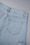 Bleu clair décontracté solide Patchwork poche boutons fermeture éclair taille haute droit Denim Shorts (pas de ceinture)
