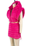 Rose Red Casual Solid Frenulum Zipper Hooded Collar Sleeveless Two Pieces