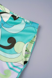 Groen Casual elegante print bandage patchwork zak omslagkraag korte mouw twee stukken