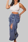 Gonne di jeans dritte a vita media con cerniera ad alta apertura con bottoni tascabili patchwork tinta unita blu cielo