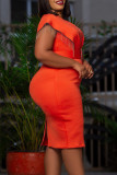 Rojo mandarina elegante sólido borla patchwork con cinturón cuello en V falda lápiz vestidos