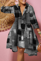 Grijze casual print patchwork jurk met V-hals en print, grote maten jurken