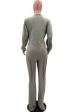 Khaki Casual Solid Patchwork Pocket Buckle Turndown Collar Plus Size Jumpsuits