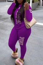 Purple Casual Print Letter O Neck Long Sleeve Two Pieces