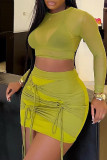 Green Yellow Sexy Casual Solid Patchwork See-through O Neck Long Sleeve Two Pieces Crop Tops And Skirts Sets