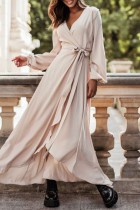 Damasco Casual Sólido Frenulum Fenda Decote em V Vestidos de manga comprida