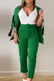 Groene elegante print patchwork met riem, omgeslagen kraag, lange mouwen, twee stukken