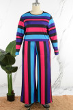 Red Casual Sweet Striped Patchwork Pocket Contrast O Neck Plus Size Two Pieces