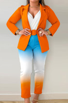 Patchwork imprimé élégant bleu Orange avec ceinture col rabattu manches longues deux pièces