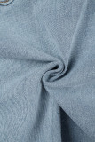 Light Blue Casual Solid Patchwork Pocket Buttons Zipper High Waist Straight Denim Shorts(No Belt)